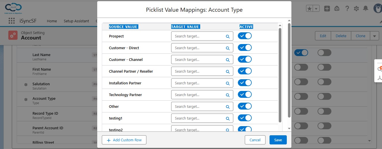iSyncSF Picklist Value Mapping editor translating source picklist values to target picklist values
